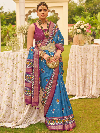 Captivating Blue Patola Printed Silk Wedding Wear Saree With Blouse